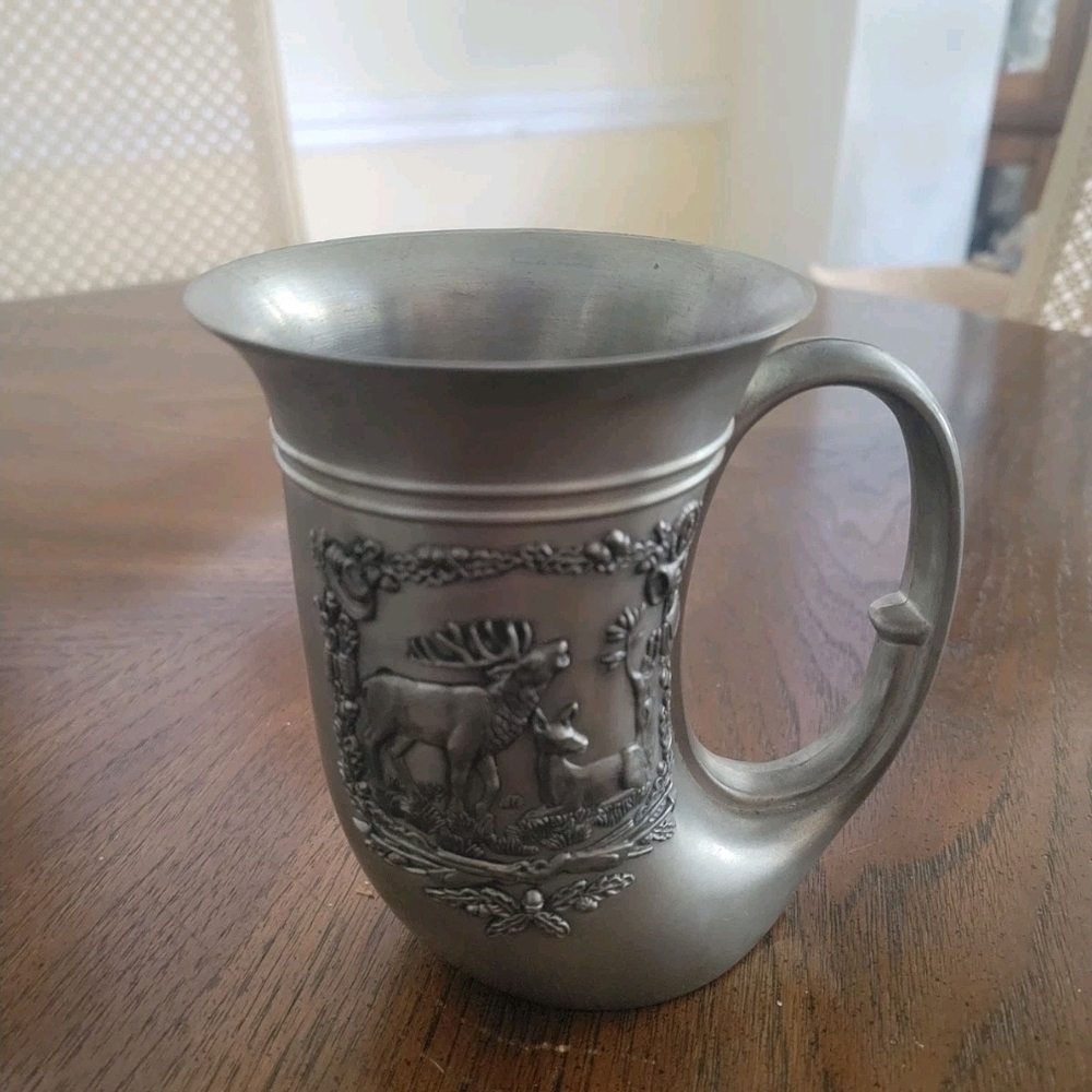 Decorative Pewter Moose French Horn Tankard Mug - Silver